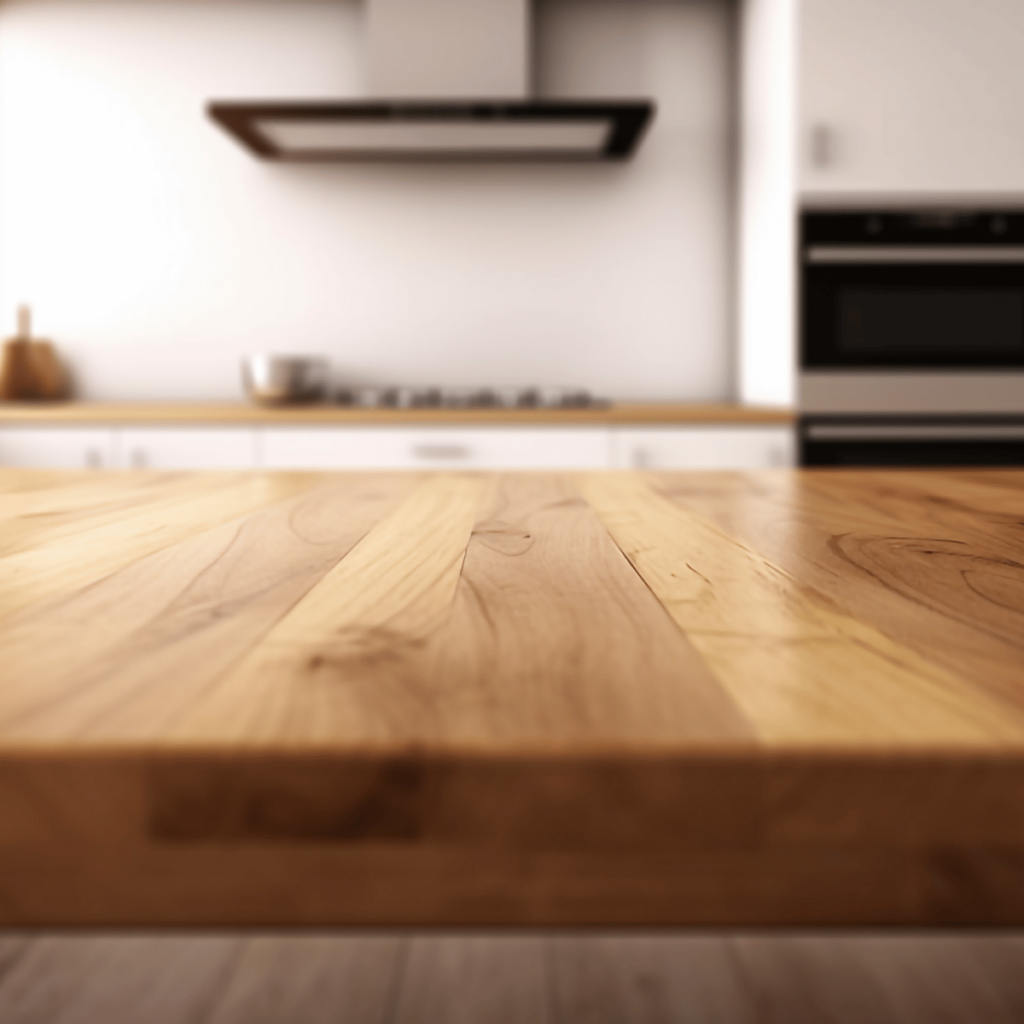 Close-up of a butcher block countertop in a modern kitchen.