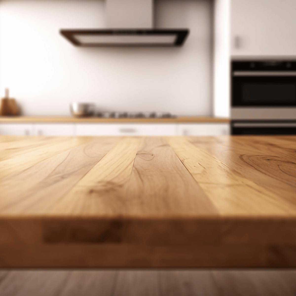 Close-up of a butcher block countertop in a modern kitchen.