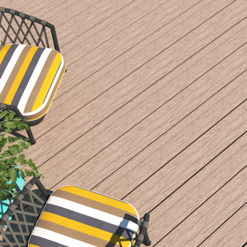 Striped yellow, white, gray, and brown outdoor chair cushions on black woven chairs over light brown composite decking.