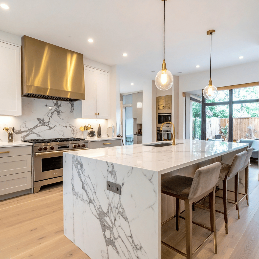 Marble countertop island with gold fixtures in a bright kitchen.