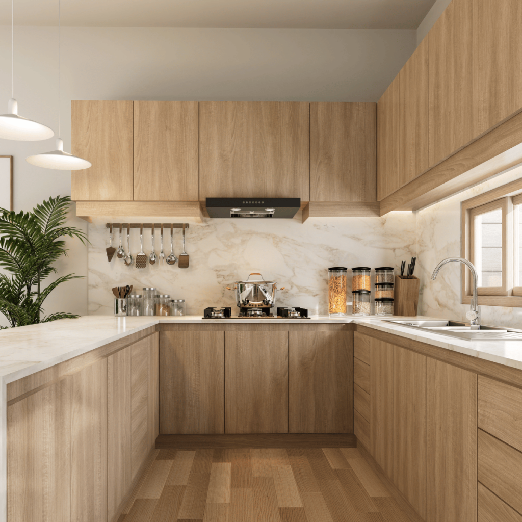 Kitchen with light wood cabinets, marble backsplash, and matching countertops.